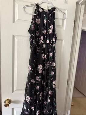 NWT Sweet Lemon Black Floral Halter Maxi Dress Size M Tiered Sleeveless
